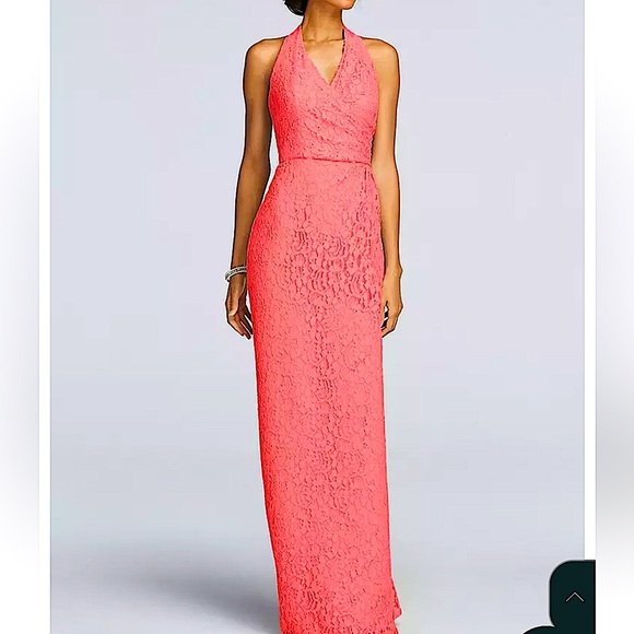 David's Bridal Bellini F940 All Over Lace Halter Maxi Length Dress - Picture 1 of 9
